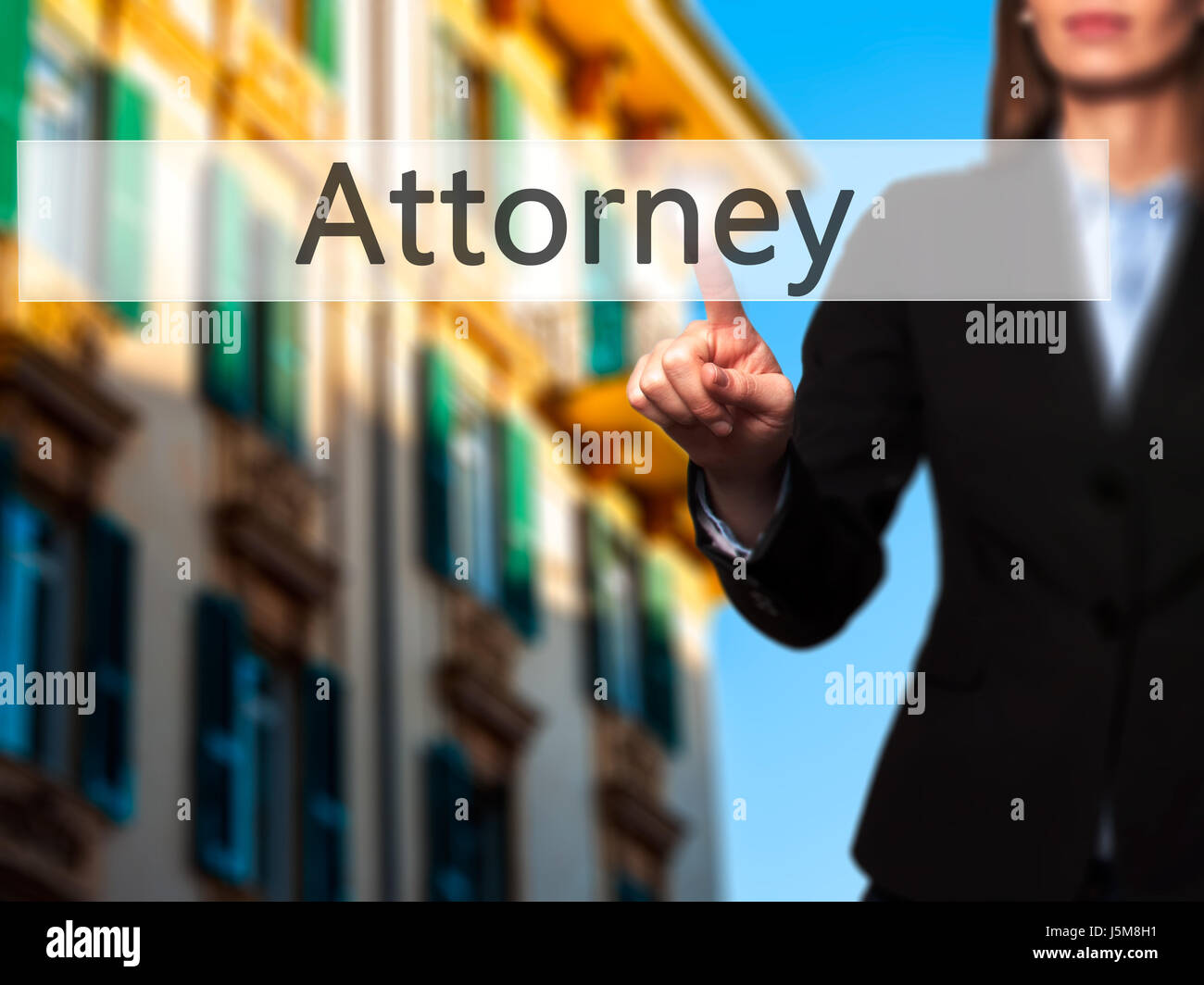 Attorney - Businesswoman hand pressing button on touch screen interface. Business, technology, internet concept. Stock Photo Stock Photo