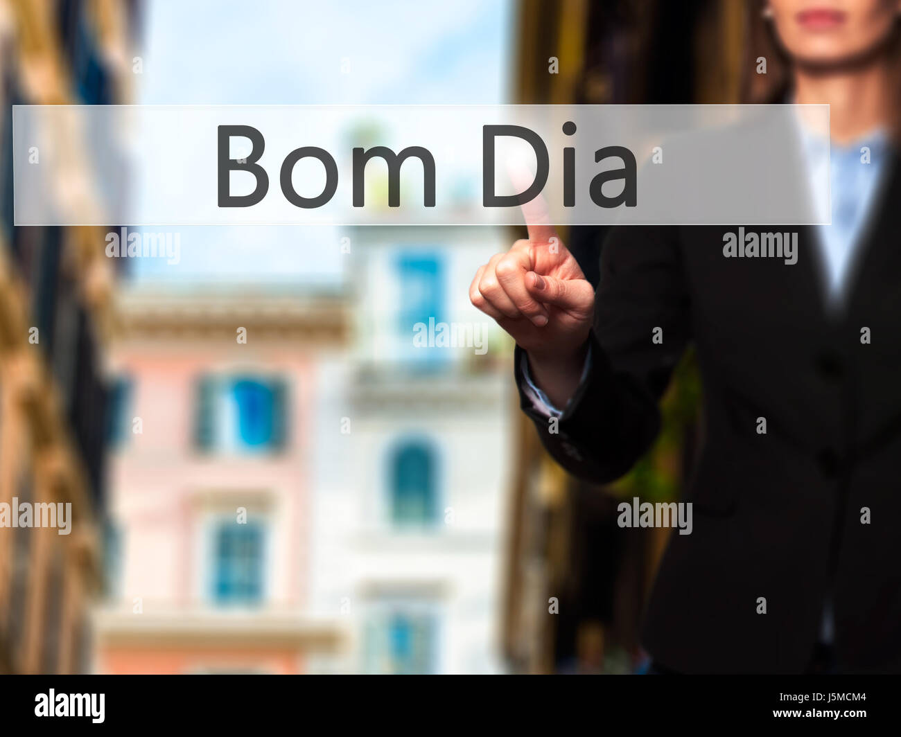 Bom Dia (In portuguese - Good Morning) - Young girl working with virtual  screen an touching button. Technology, internet concept. Stock Photo Stock  Photo - Alamy