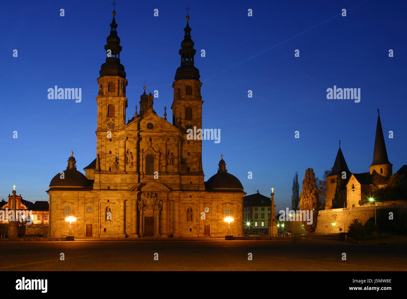 tower church city town cathedral dome at night night nighttime lighted cross Stock Photo