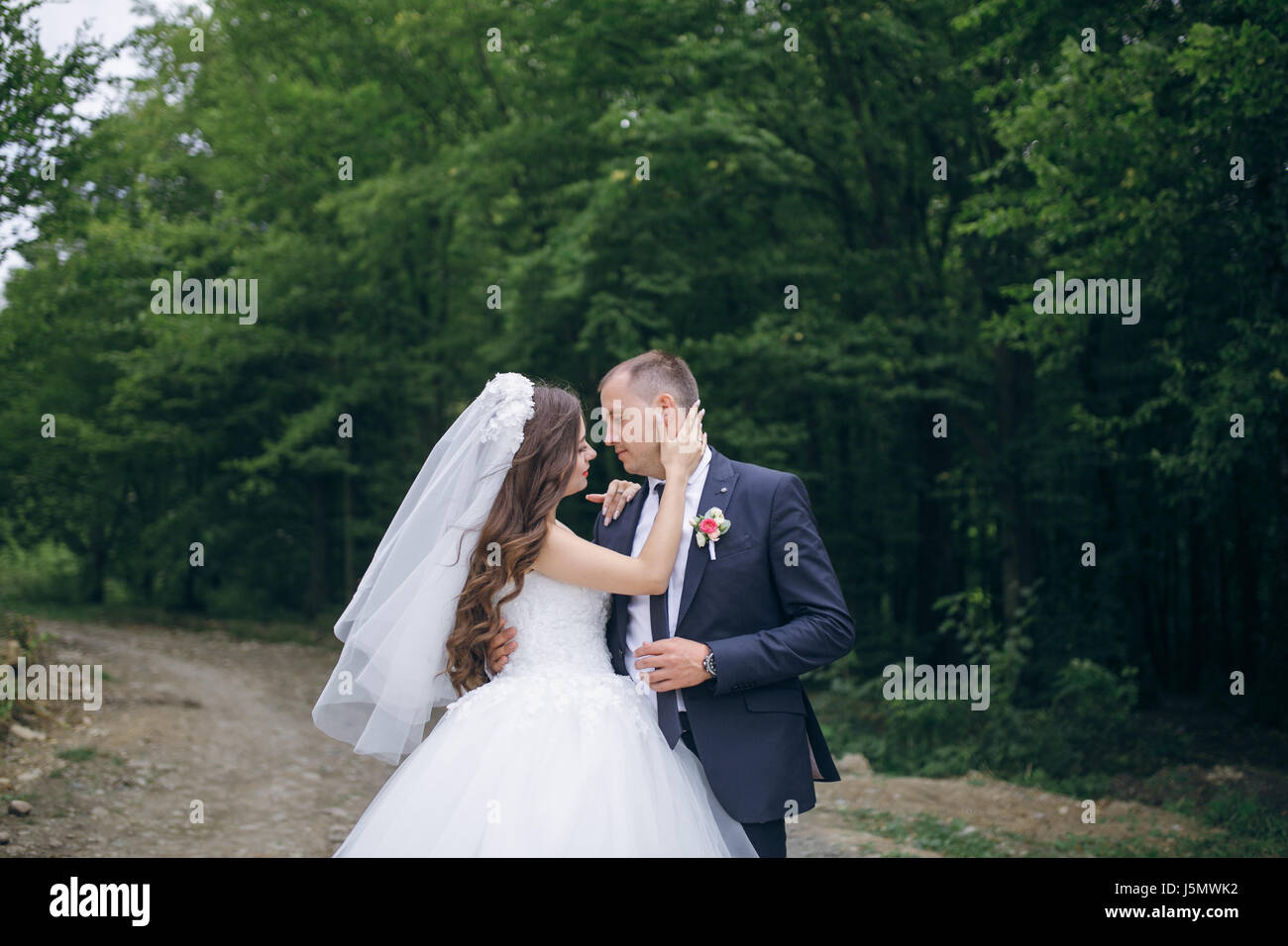 bride and groom walking in the forest and holding hands Stock Photo - Alamy