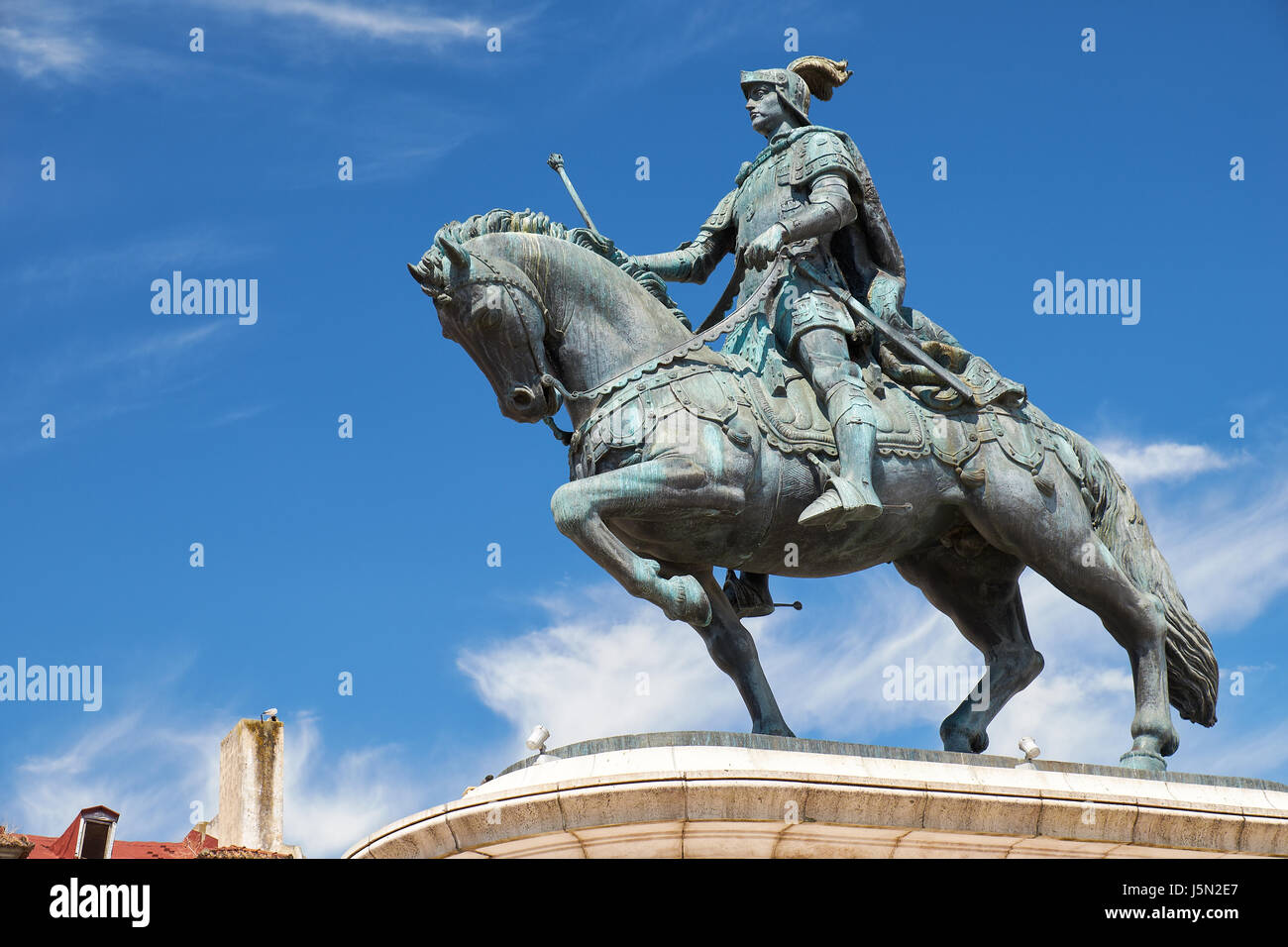 The bronze equestrian statue of King Joao I, by sculptor Leopoldo de Almeida,  on the square of the Fig Tree (Praca da Figueira) in the central of Lis Stock Photo