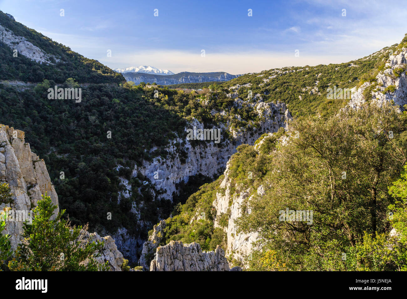 France, Pyrénées-Orientales (66), Saint-Paul-de-Fenouillet, Gorges de Galamus et le pic du Canigou au loin // France, Pyrenees Orientales, Saint Paul  Stock Photo