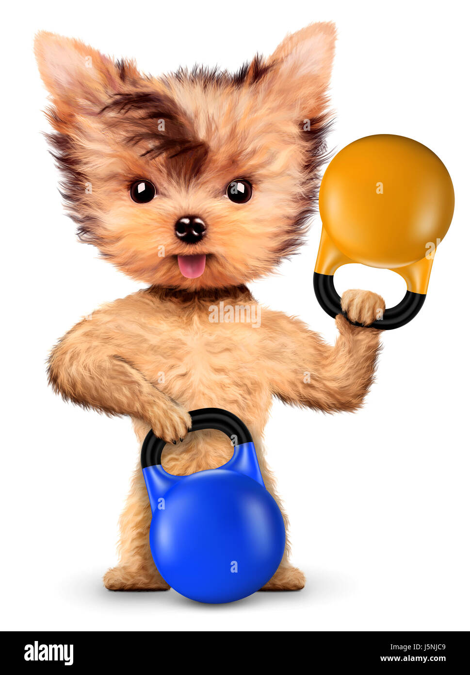 Funny dog training with kettlebell in sport gym. Concept of sport and fitness. Realistic 3D illustration. Stock Photo