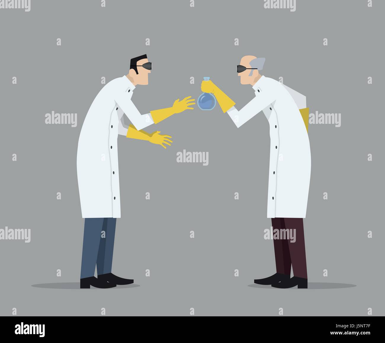 Scientist gives to another scientist a glass flask with liquid. Stock Vector