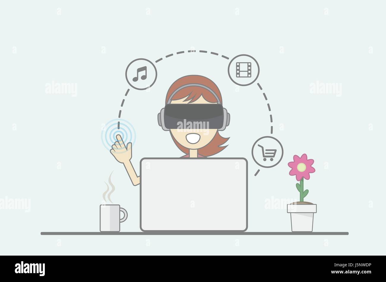 Young girl sitting behind desk in front of laptop uses virtual reality application. Stock Vector