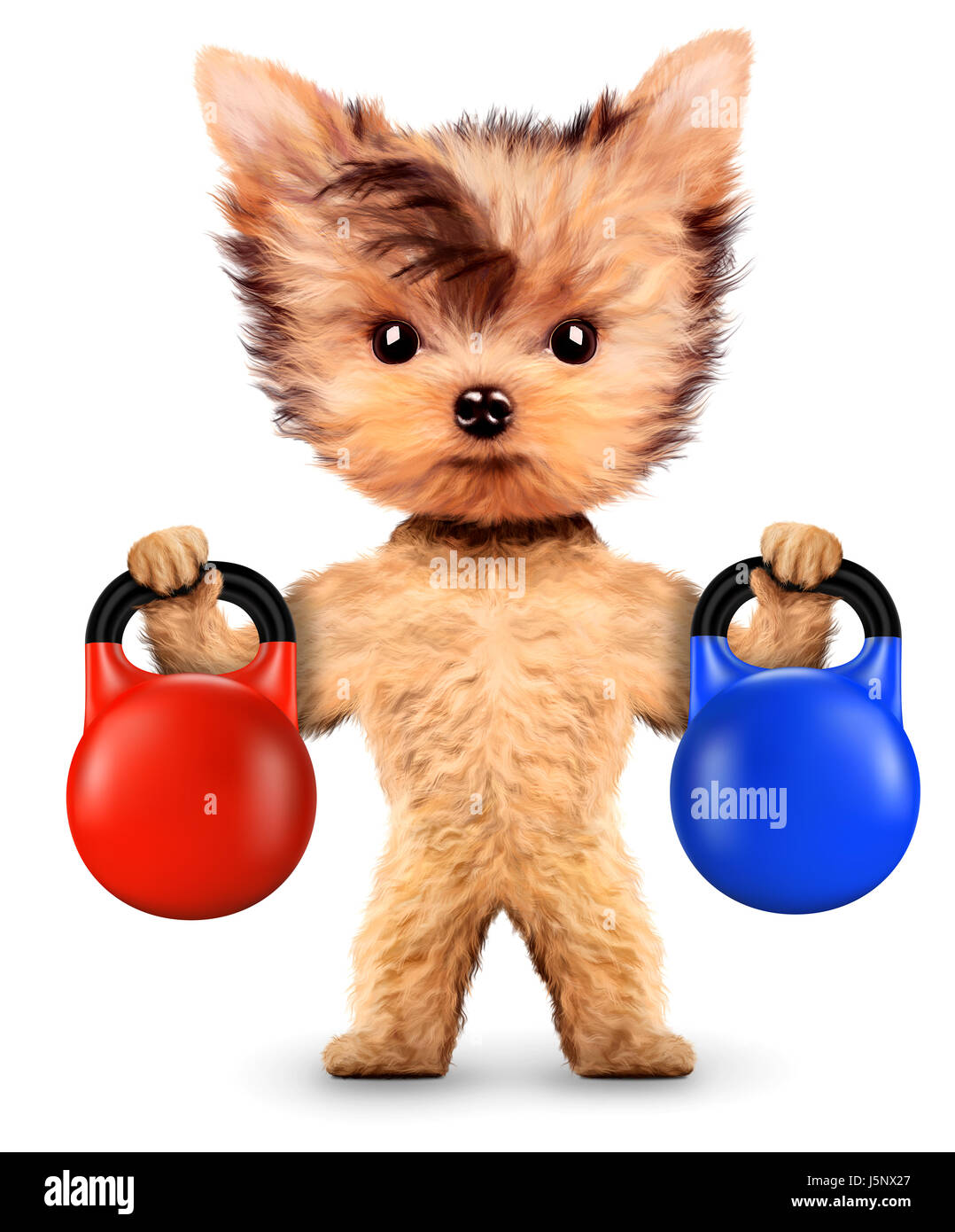 Funny dog training with kettlebell in sport gym. Concept of sport and fitness. Realistic 3D illustration. Stock Photo