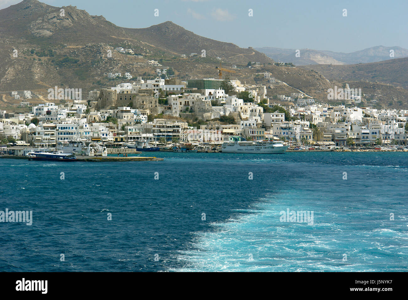 navy seafaring greece exit seaport retrospect gateway ferry isle island naxos Stock Photo