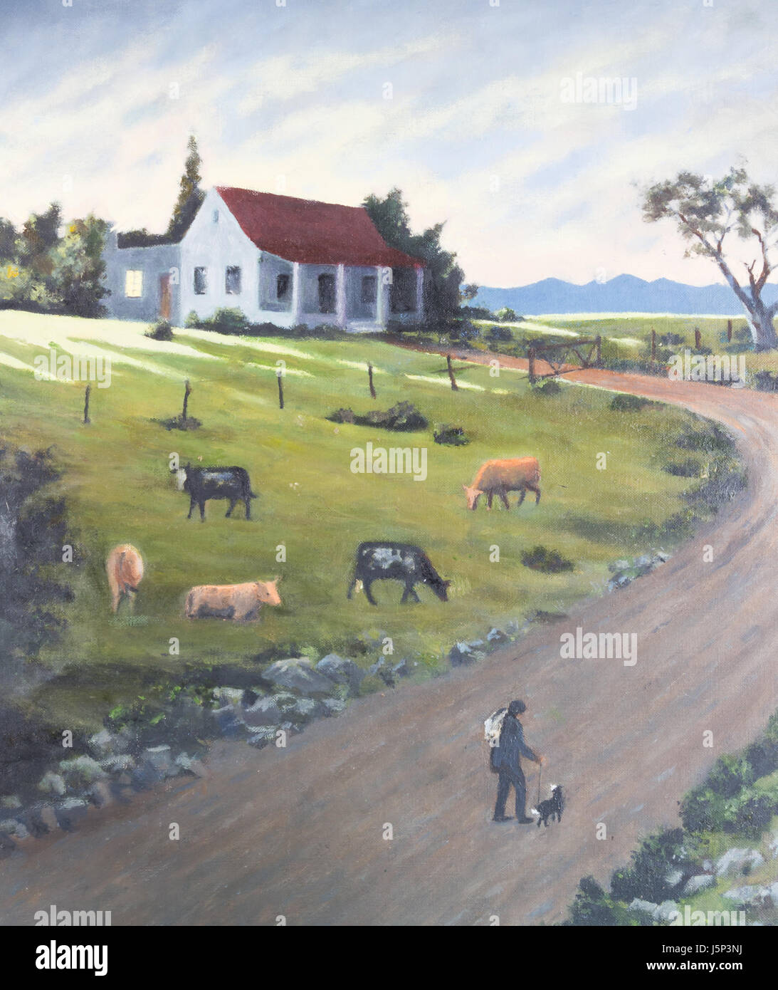 Art painting of humble farm cottage at sundown with cattle herder and dog walking along country road to return home and cows grazing in meadow Stock Photo
