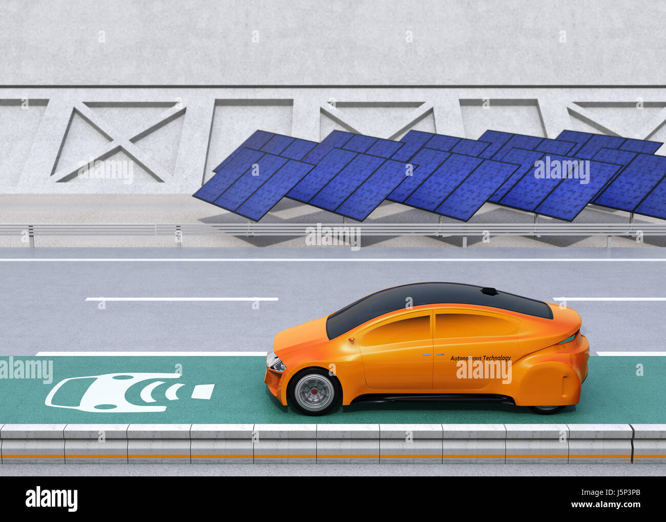 Electric car driving on the wireless charging lane of the highway.  Solar panel station on the roadside. 3D rendering image. Stock Photo