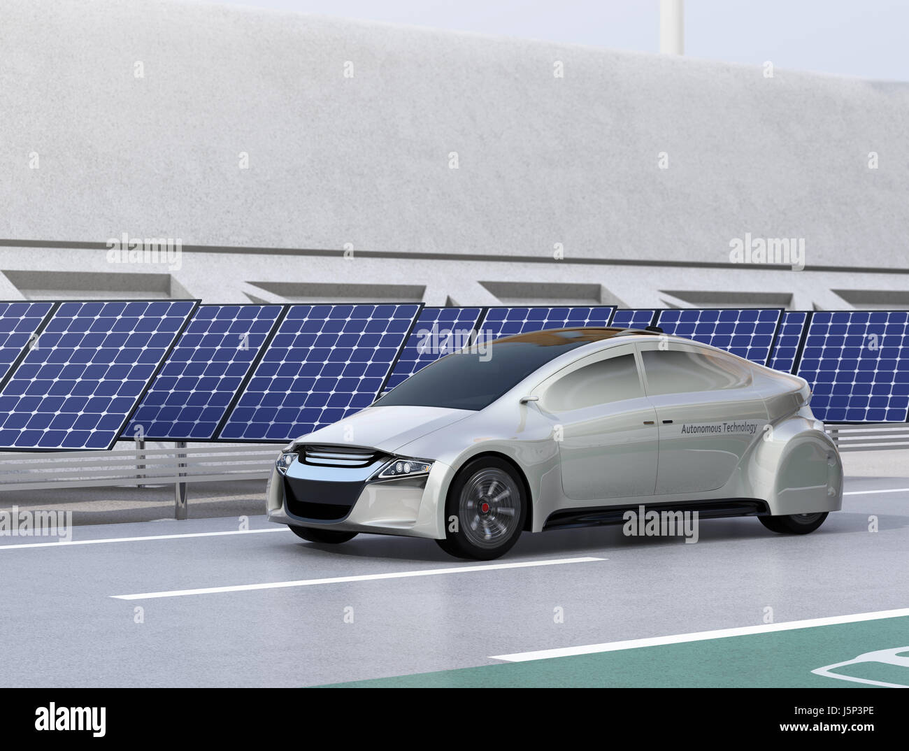 Electric car driving on the wireless charging lane of the highway.  Solar panel station and wind turbine on the roadside. 3D rendering image. Stock Photo