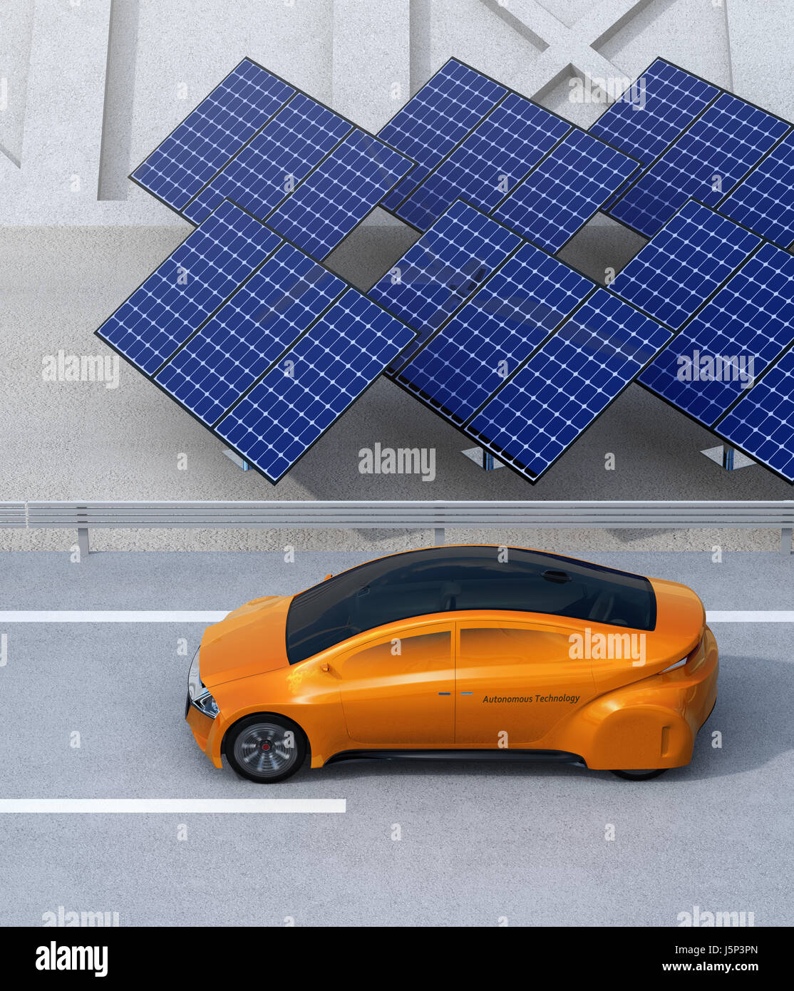Orange electric car driving on the highway.  Solar panel station on the roadside. 3D rendering image. Stock Photo