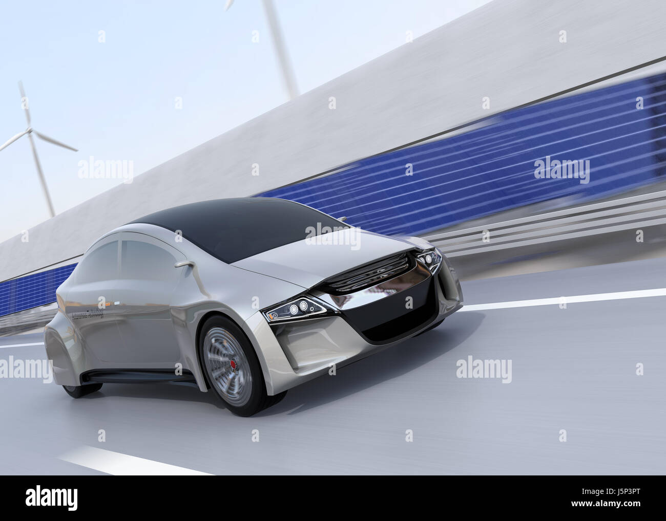 Electric car driving on the wireless charging lane of the highway.  Solar panel station and wind turbine on the roadside. 3D rendering image. Stock Photo