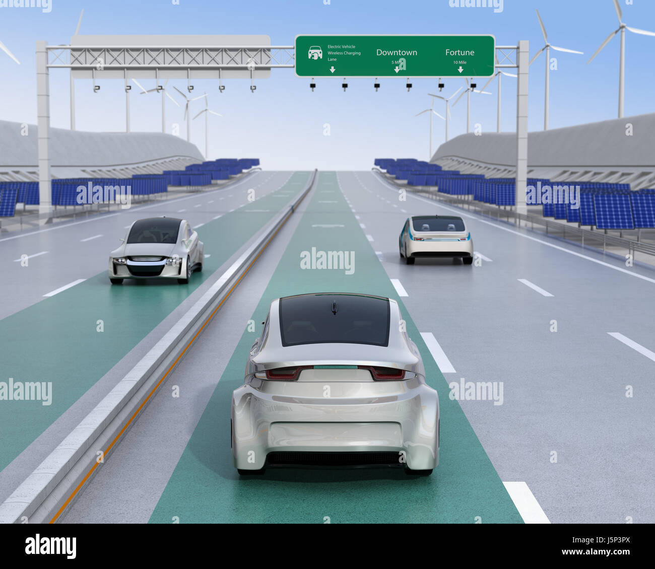 Electric cars driving on the wireless charging lane of the highway