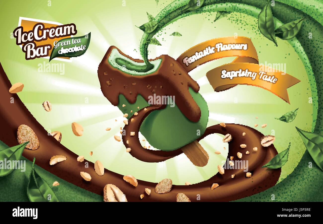 Green tea ice cream bar with chocolate and nuts coated, leaves and nuts