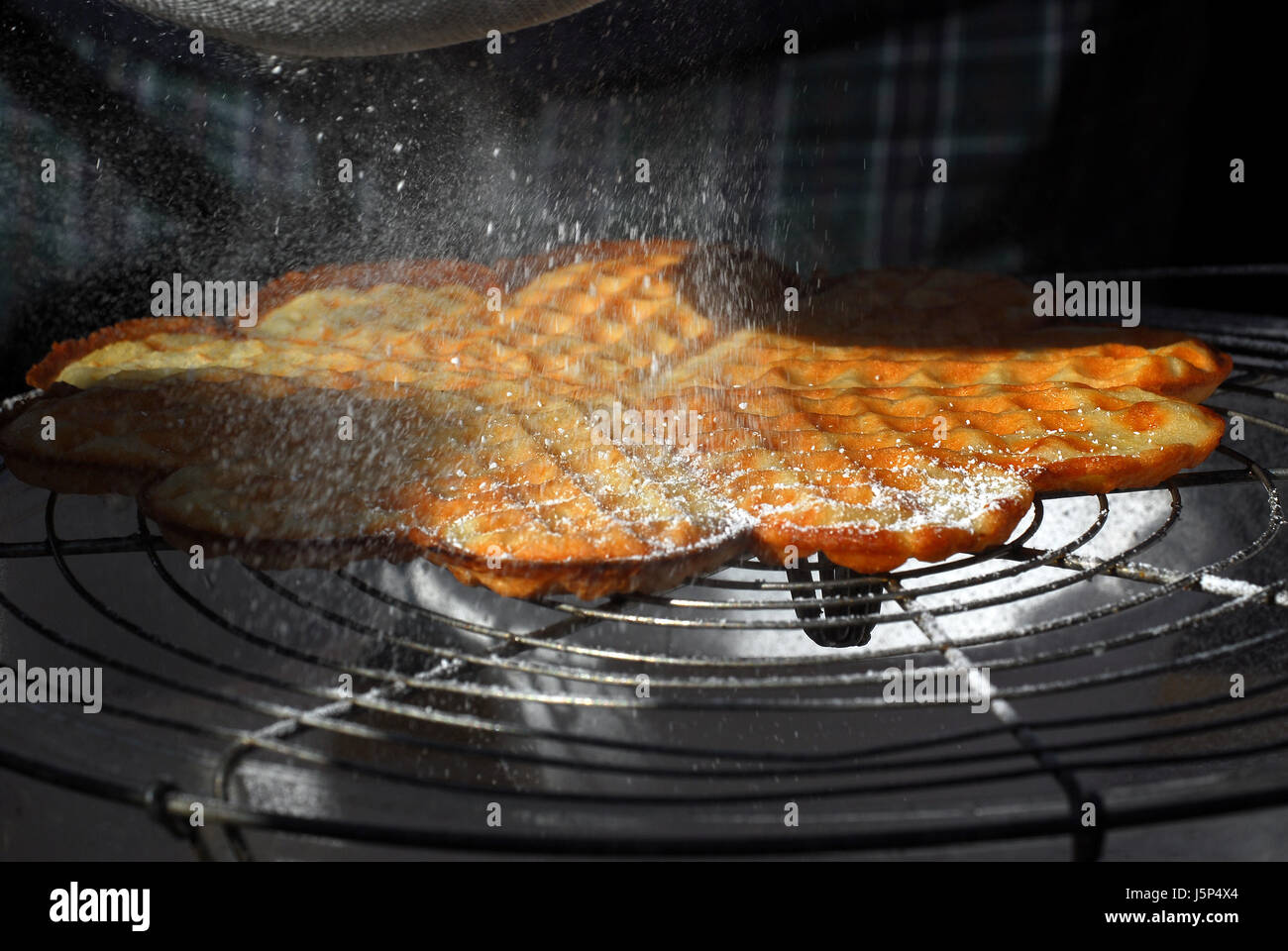hot iron pastry bake waffle wafers waffles flat dough pancake baked containing Stock Photo