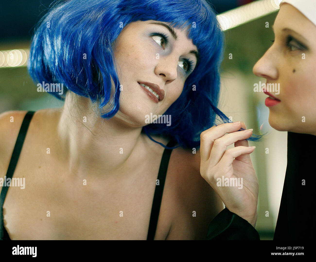 blue female feeling portrait nostalgia longing relaxed hairs advise wig Stock Photo