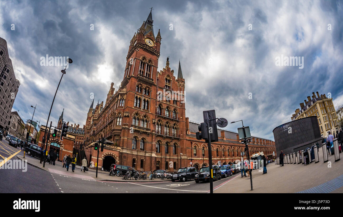 View of the Victorian neo-gothic facade of St Pancras station in London. St Pancras is the only international train station in London Stock Photo