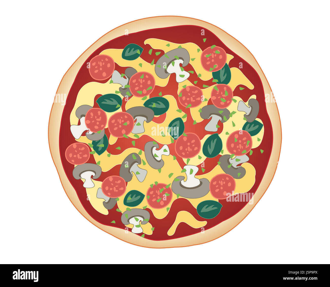 an illustration of classic mushroom pizza with bread base tomato sauce cheese and pepperoni sprinkled with herbs Stock Photo