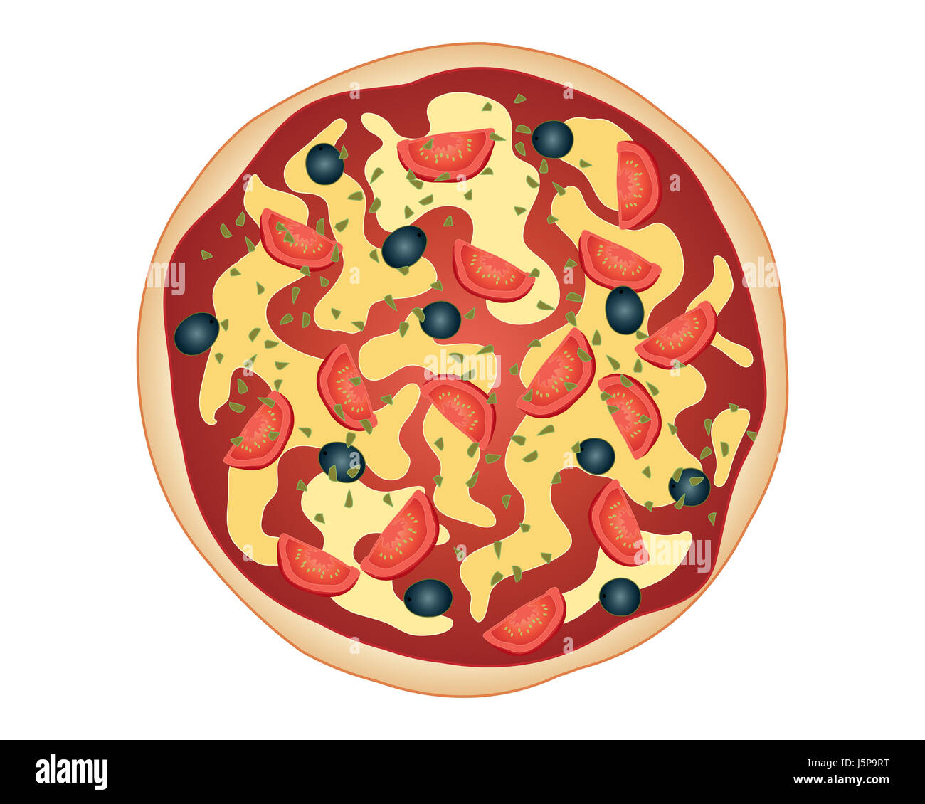 an illustration of classic cheese and tomato pizza with black olives bread base tomato sauce cheese  tomato pieces and sprinkled with herbs Stock Photo