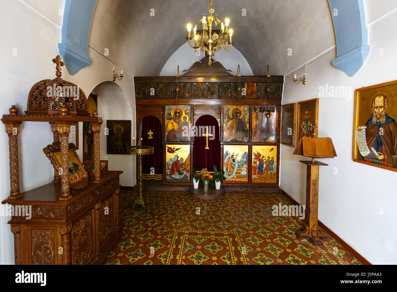 Interior of a Greek orthodox church in the town of Agios Nikolaos in Crete, Greece. Stock Photo