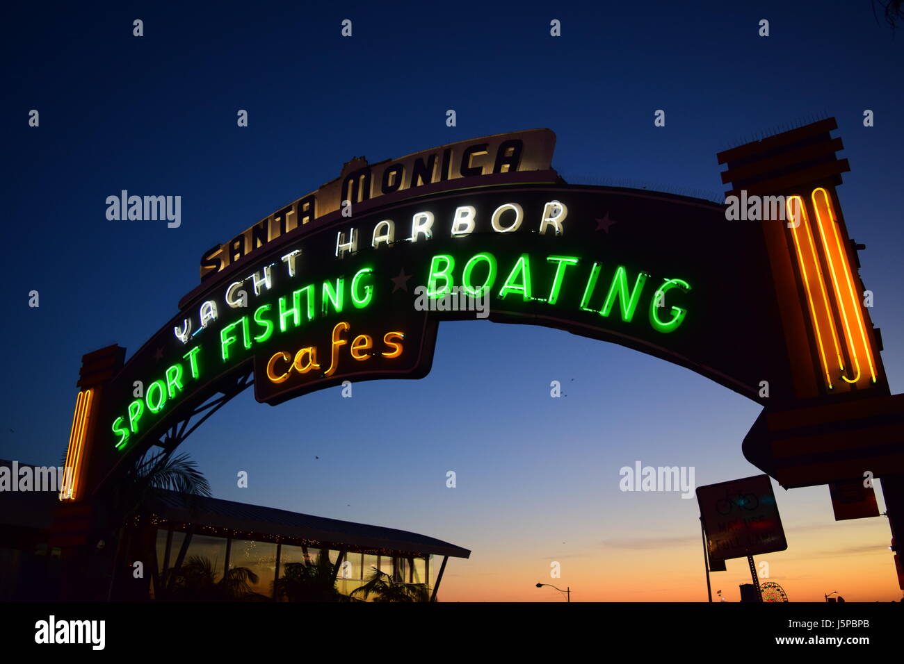 The iconic Santa Monica Pier sign at the end of Route 66 in Los Angeles, California Stock Photo