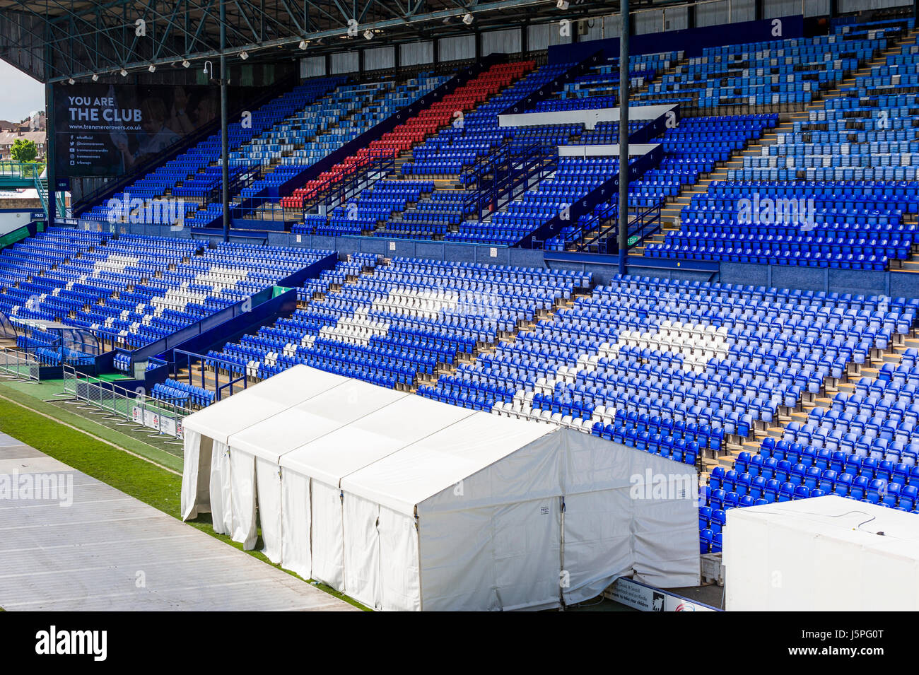 Wirral, UK. 18th May 2017.  Staging is erected and the venue is prepared ready for the huge Wirral Live concerts being held this weekend at the Tranmere Rovers football ground, Prenton Park, in Wirral.  The stage is now nearly completed, and artists green room and hospitality are being prepared.  Wirral Live is a 3 day concert; the conert is being headlined by Madness on Friday, The Libertines on Saturday, and Little Mix on Sunday.  Supporting artists are Courts, The Rhythm Method, The Farm, The Humingbirds, The Coral, Anton Powers, Bronnie, Mic Lowry and Conor Maynard. © Paul Warburton Stock Photo