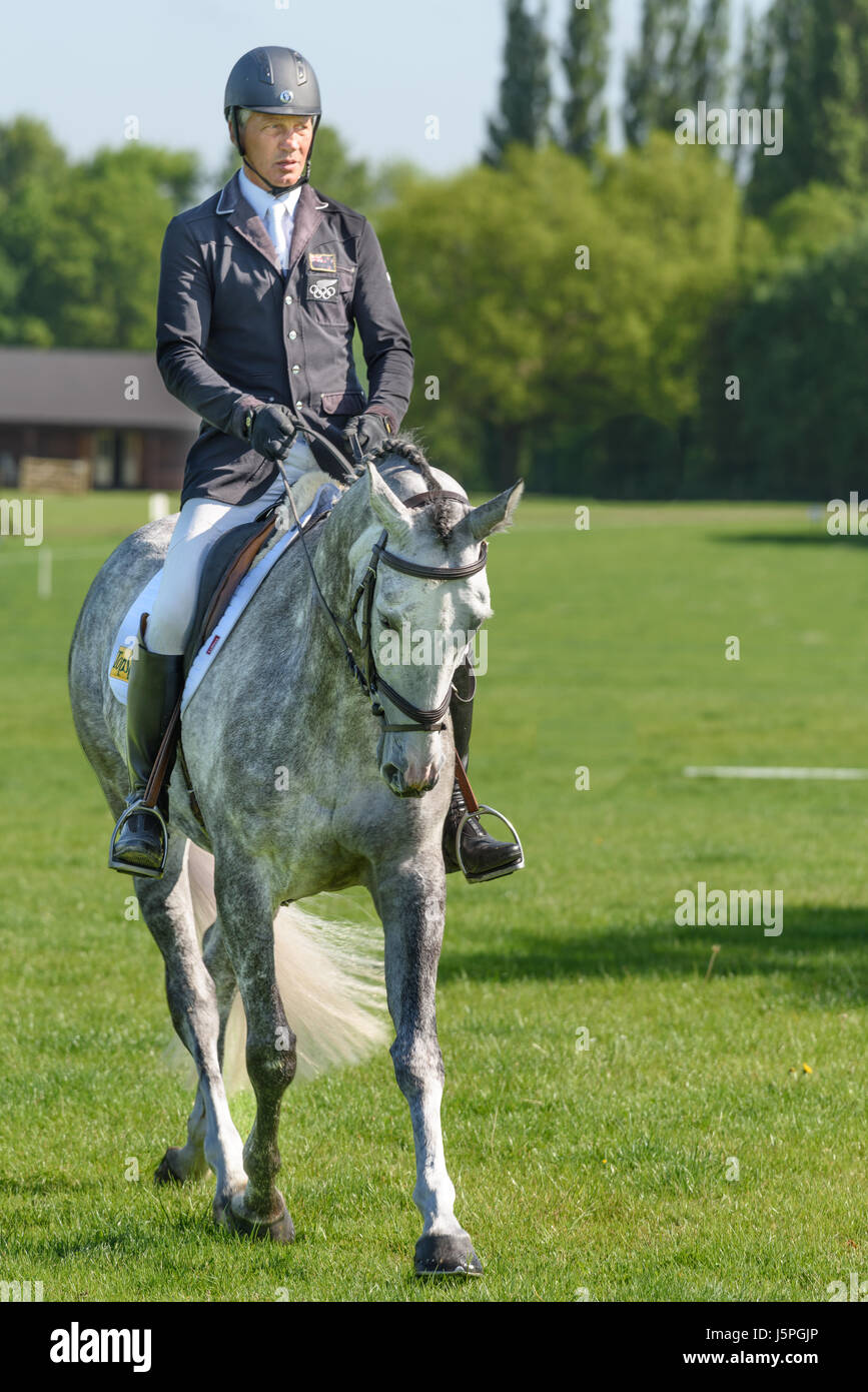 Rockingham Castle, Corby, UK. 18th May 2017. Andrew Nicholson, a New Zealand olympic rider, prepares for the dressage event in the grounds of Rockingham castle on Thursday 18th May 2017. Credit: miscellany/Alamy Live News Stock Photo