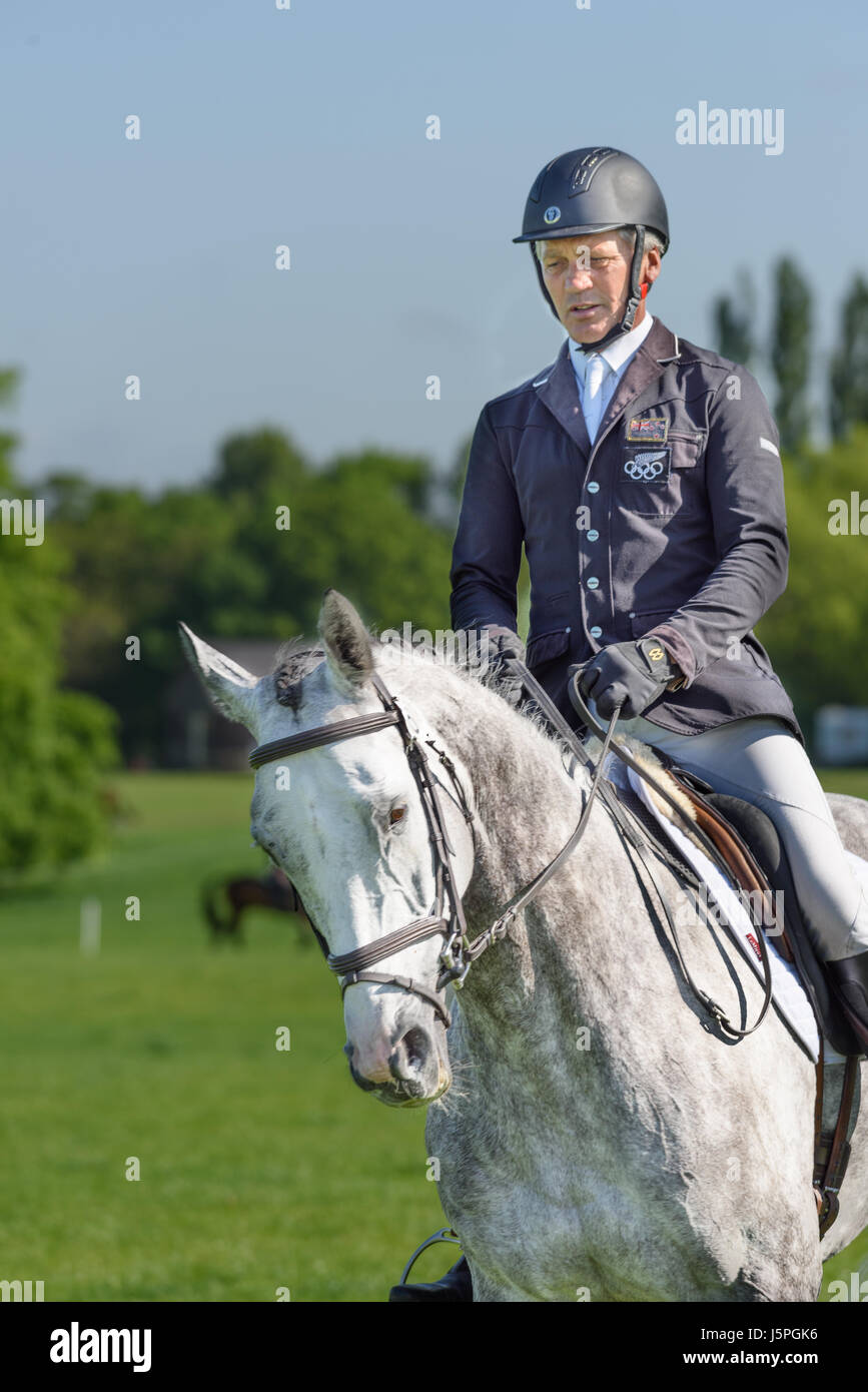 Rockingham Castle, Corby, UK. 18th May 2017. Andrew Nicholson, a New Zealand olympic rider, prepares for the dressage event in the grounds of Rockingham castle on Thursday 18th May 2017. Credit: miscellany/Alamy Live News Stock Photo