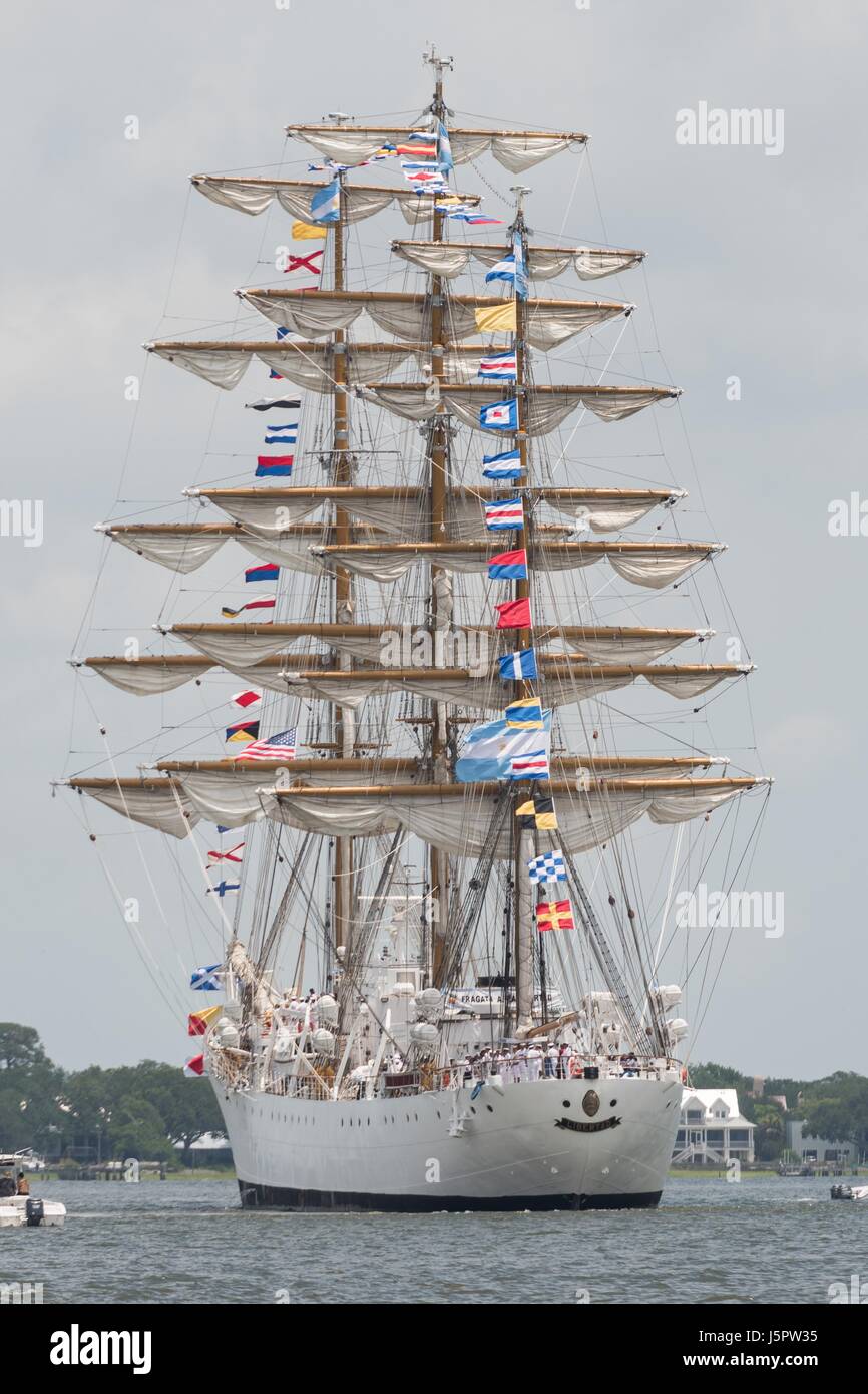 Charleston, USA. 18th May, 2017. The steel hulled, full rigged, Argentine Navy Fragata ARA Libertad during the parade of sails kicking off the Tall Ships Charleston festival May 18, 2017 in Charleston, South Carolina. The festival of tall sailing ships from around the world will spend three-days visiting historic Charleston. Credit: Planetpix/Alamy Live News Stock Photo