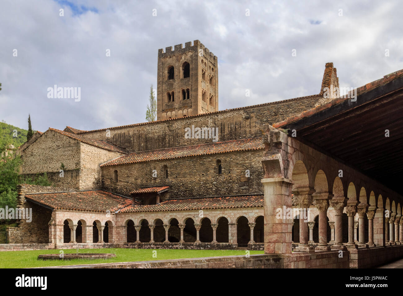 France, Pyrenees Orientales, Codalet, Saint Michel de Cuxa abbey, the cloister and the church Stock Photo