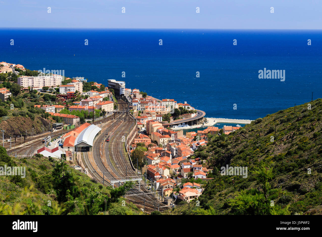 France, Pyrenees Orientales, Cerbere, the town and the rail Station Stock Photo