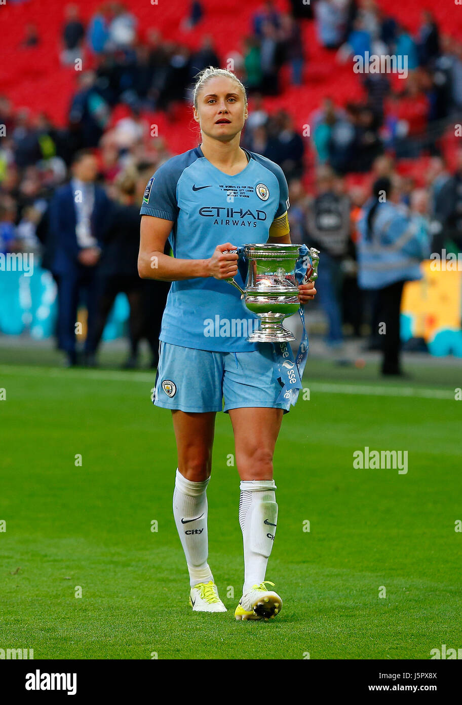 Manchester City captain Steph Houghton  kisses the cup during the SSE Women's FA Cup Final match between Birmingham City and Manchester City at Wembley Stadium in London. 13 May 2017 EDITORIAL USE ONLY No merchandising. For Football images FA and Premier League restrictions apply inc. no internet/mobile usage without FAPL license - for details contact Football Dataco Stock Photo