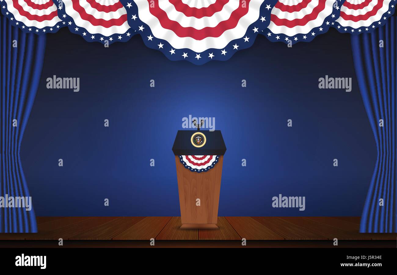 USA President podium on stage with semicircle decorative flag on top