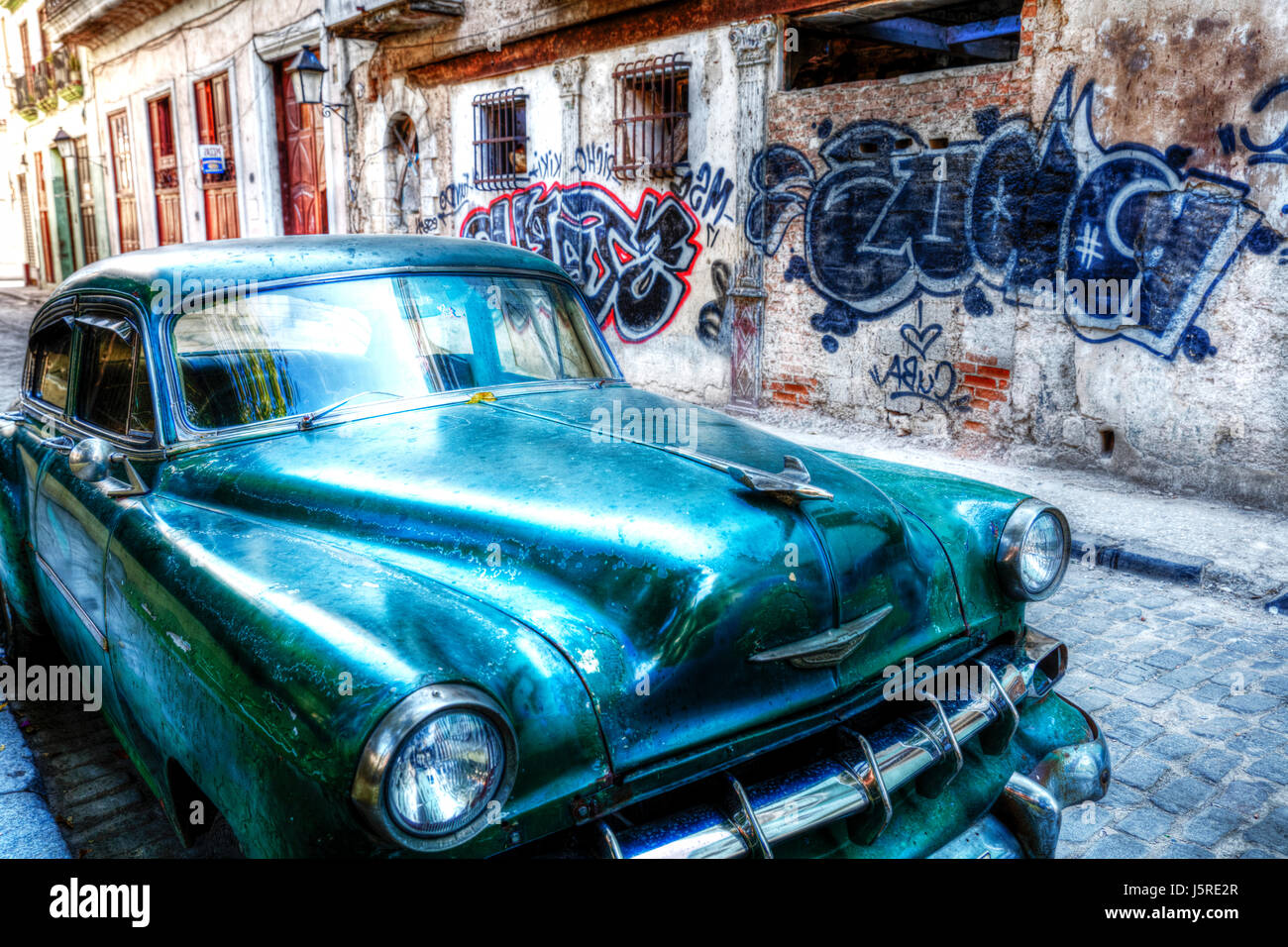 Old American car in Cuba, Cuban car, typical cuban car Cuban vehicle, automobile in Cuba, Car Cuba, Cuban Car, Havana Cuba car, parked, typical, blue Stock Photo