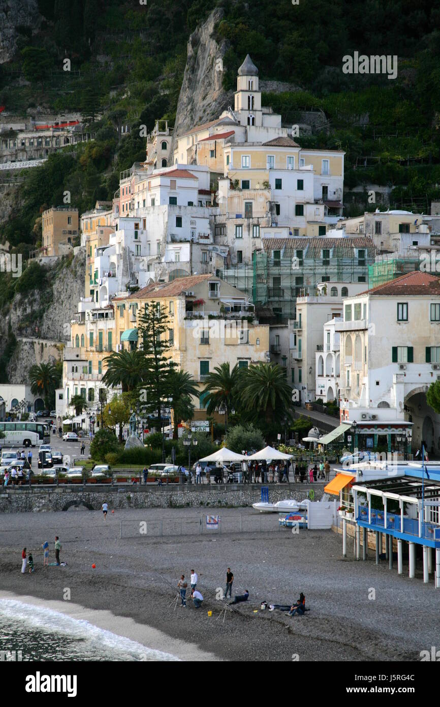 houses mountains beach seaside the beach seashore europe harbor evening Stock Photo