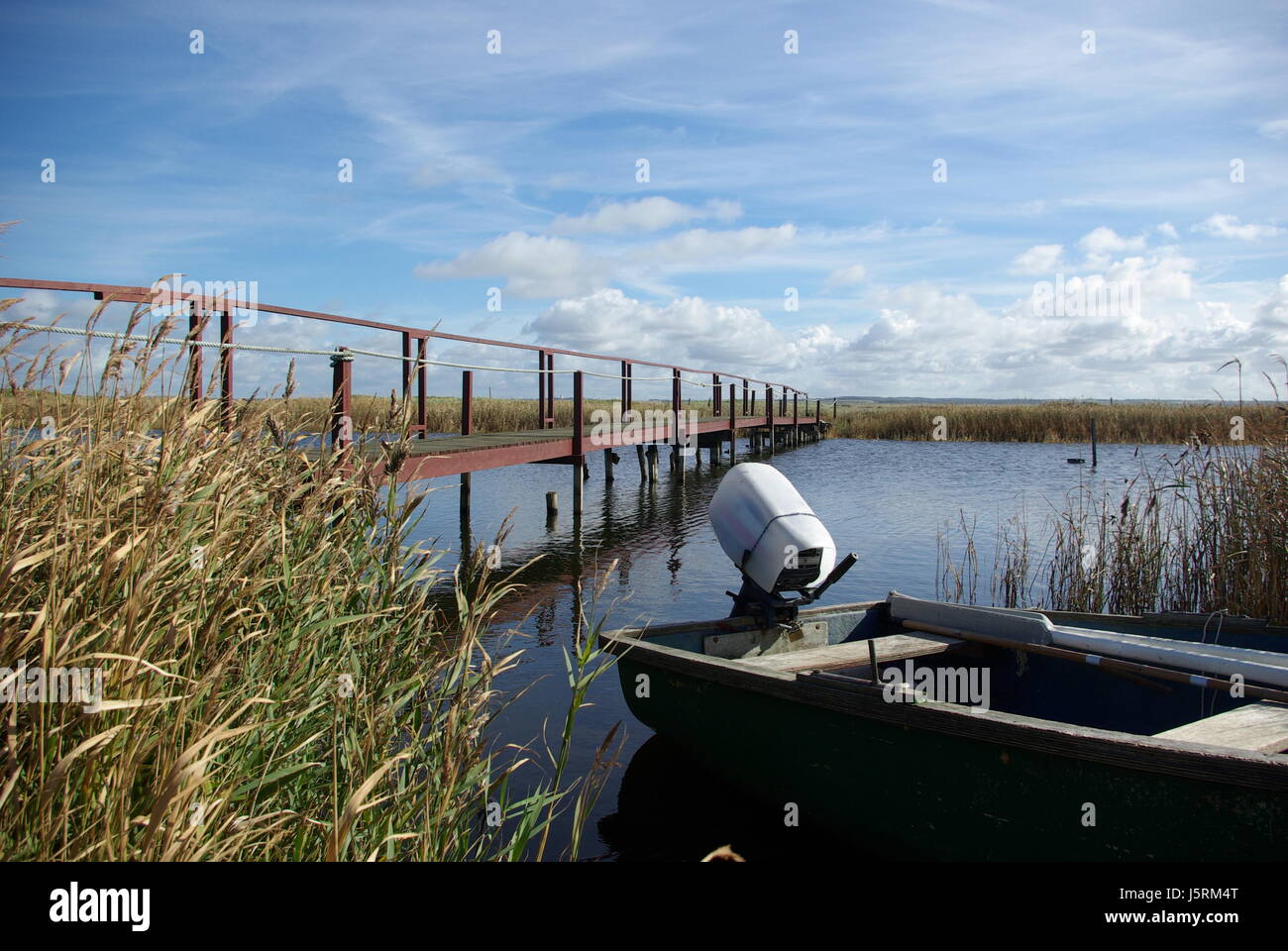 bridge reed denmark angle fish fishing boat motorboat fresh water lake inland Stock Photo