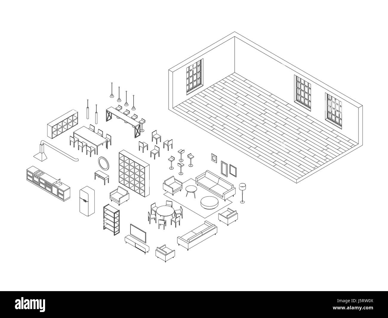 Line furniture set in isometric view Stock Vector