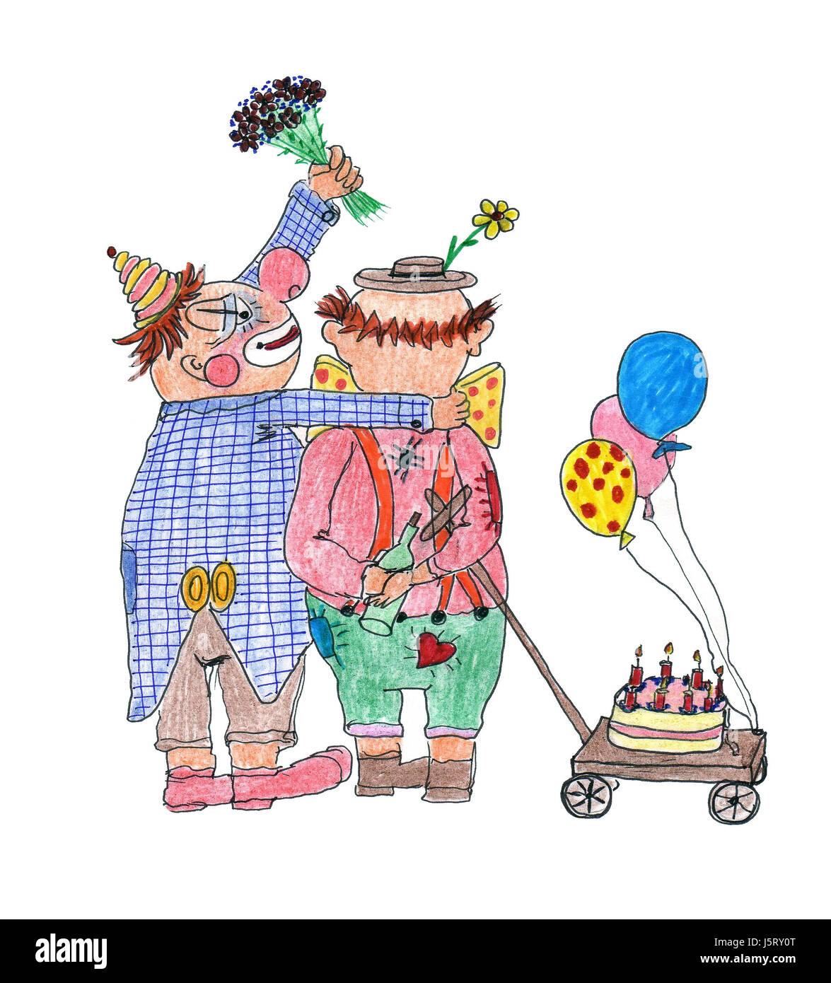 hat flower flowers plant clown clowns bottle balloon wagon tart two