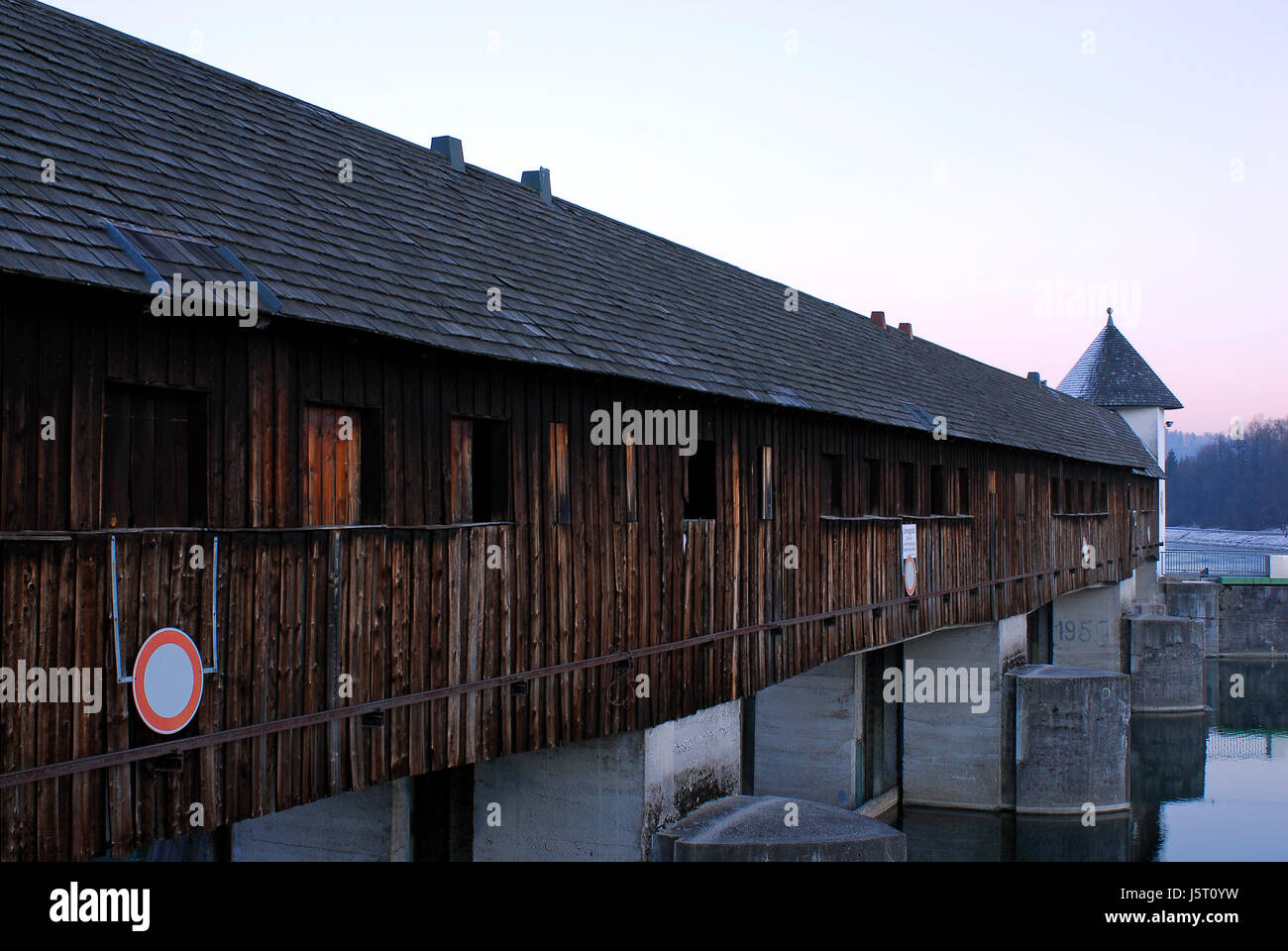 barrage weir river water winter bavaria barrage sign signal prohibition sign Stock Photo