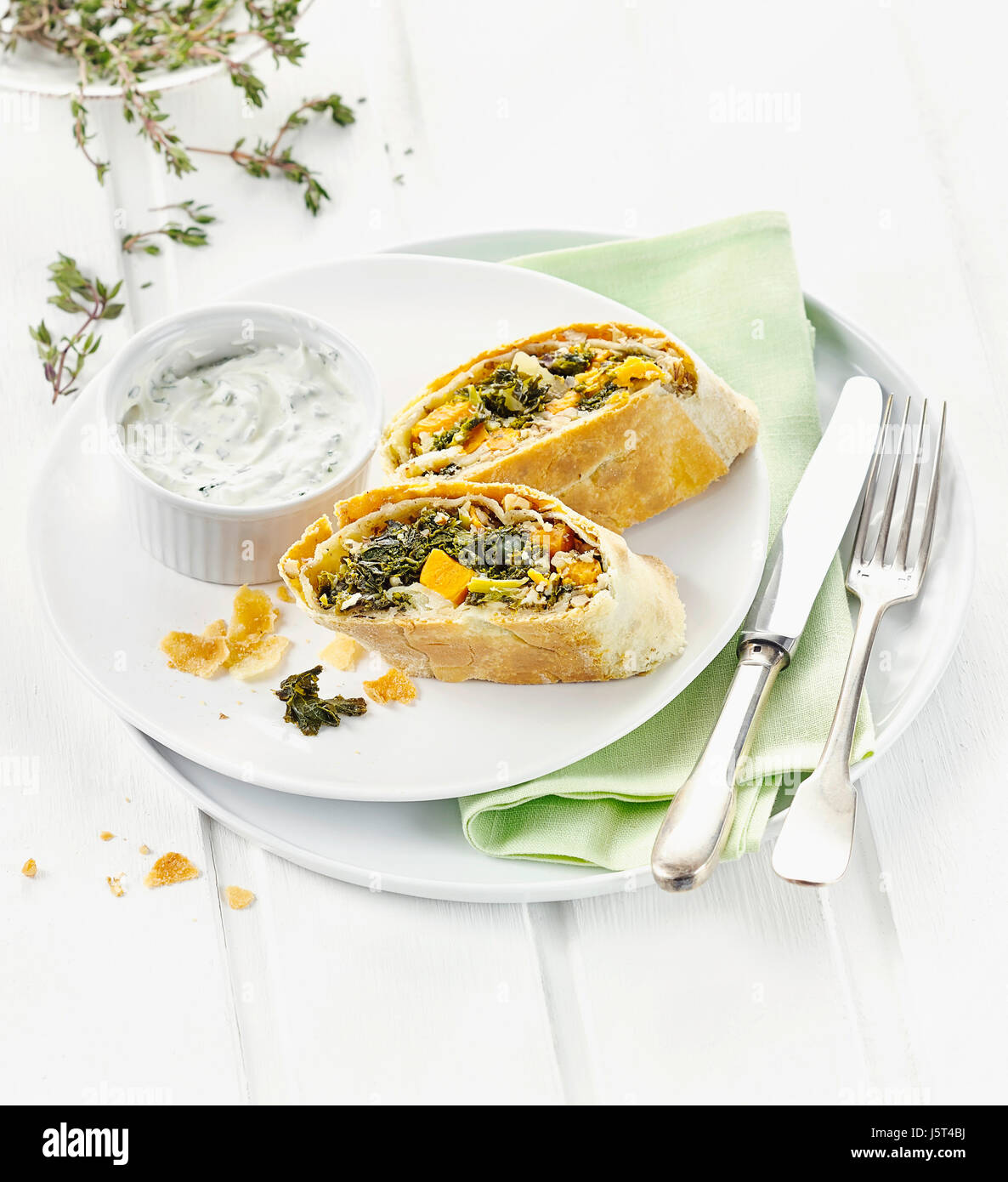 Strudel with kale and sweet potatoes Stock Photo