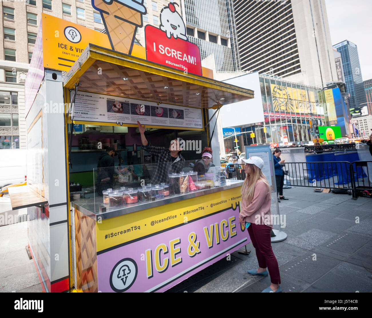 'I Scream', an Ice & Vice pop-up kiosk in Times Square in New York on Tuesday, May 16, 2017. 'I Scream's' menu features politically themed flavors such as Freeze Global Warming and No Mean No with five percent of each purchase going to organizations ACLU, Planned parenthood and the NRDC. The pop-up will be in Times Square through the summer. (© Richard B. Levine) Stock Photo