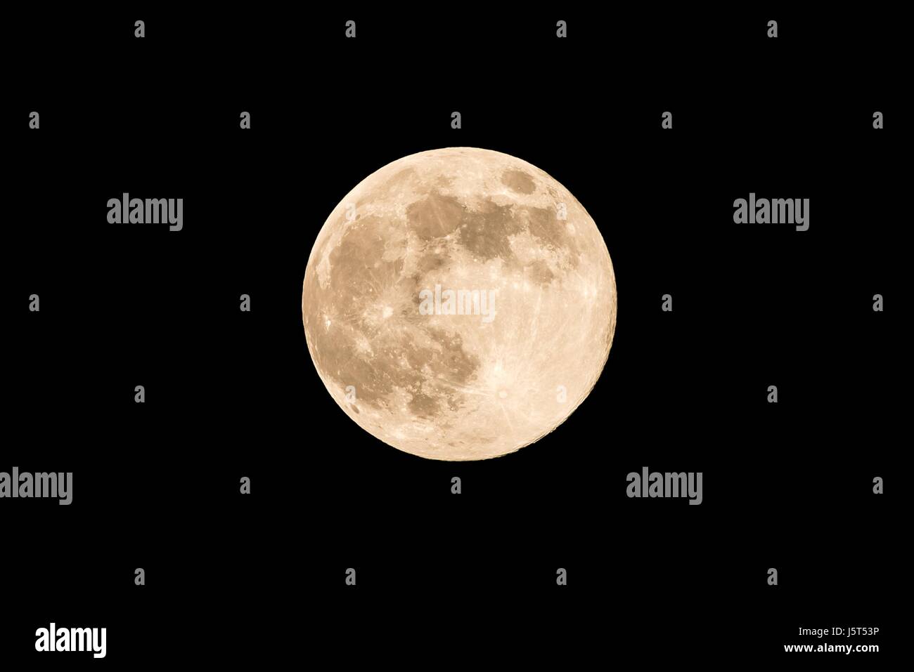 Horizontal photo of full moon. Moon with nice soft yellow color. Visible craters on the edge of space body. The bright and light areas on surface are  Stock Photo