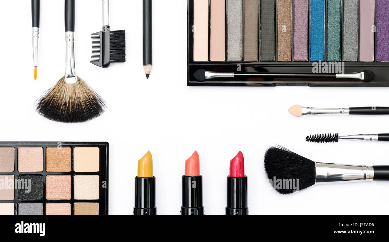 Top view makeup hero header on white background Stock Photo