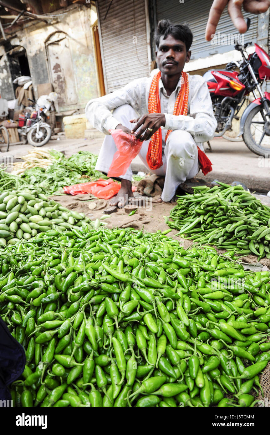 Varanasi, India, september 19, 2010: Young man selling vegetables on a local market. Stock Photo