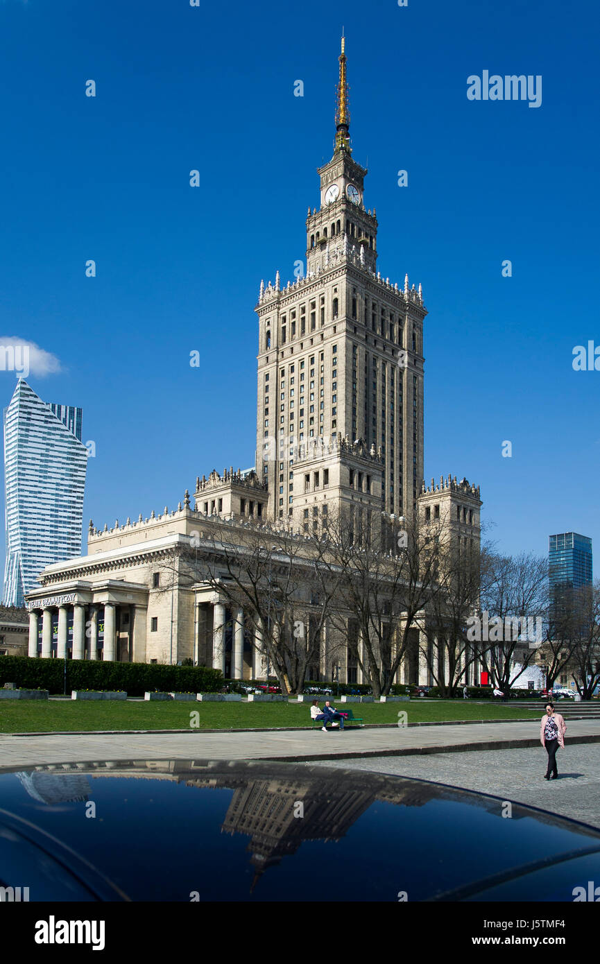 Zlota 44 residential skyscraper by Daniel Libeskind and Palace of Culture and Science (Palac Kultury i Nauki PKiN) in Warsaw, Poland. Designed by Sovi Stock Photo