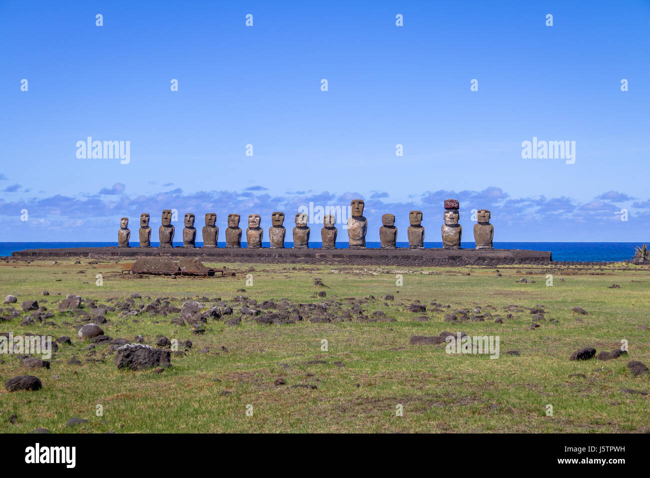 Moai Statues of Ahu Tongariki - Easter Island, Chile Stock Photo