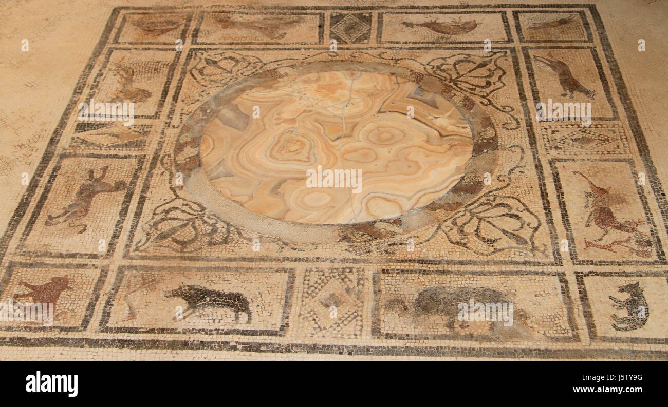Decorative floor tile and floor mosaic, Pompeii, Campania, Italy Stock Photo