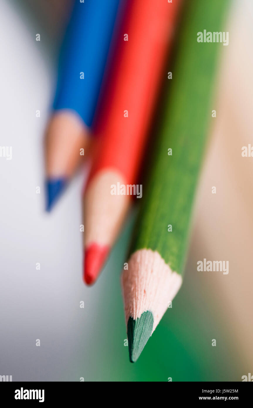 coloured colored pencils pens blue colour green wood coloured colourful Stock Photo