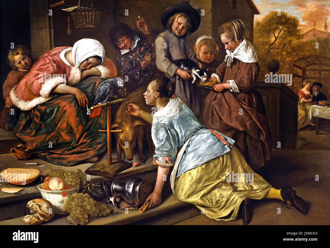The Effects of Intemperance 1663-5 Jan Steen 1626 - 1679 Dutch The Netherlands ( The woman slumped on the left, whose purse is being picked by a child on the extreme left, is sleeping off the effects of alcohol. She illustrates the proverb 'De Wijn is een spotter' (Wine is a mocker). ) Stock Photo
