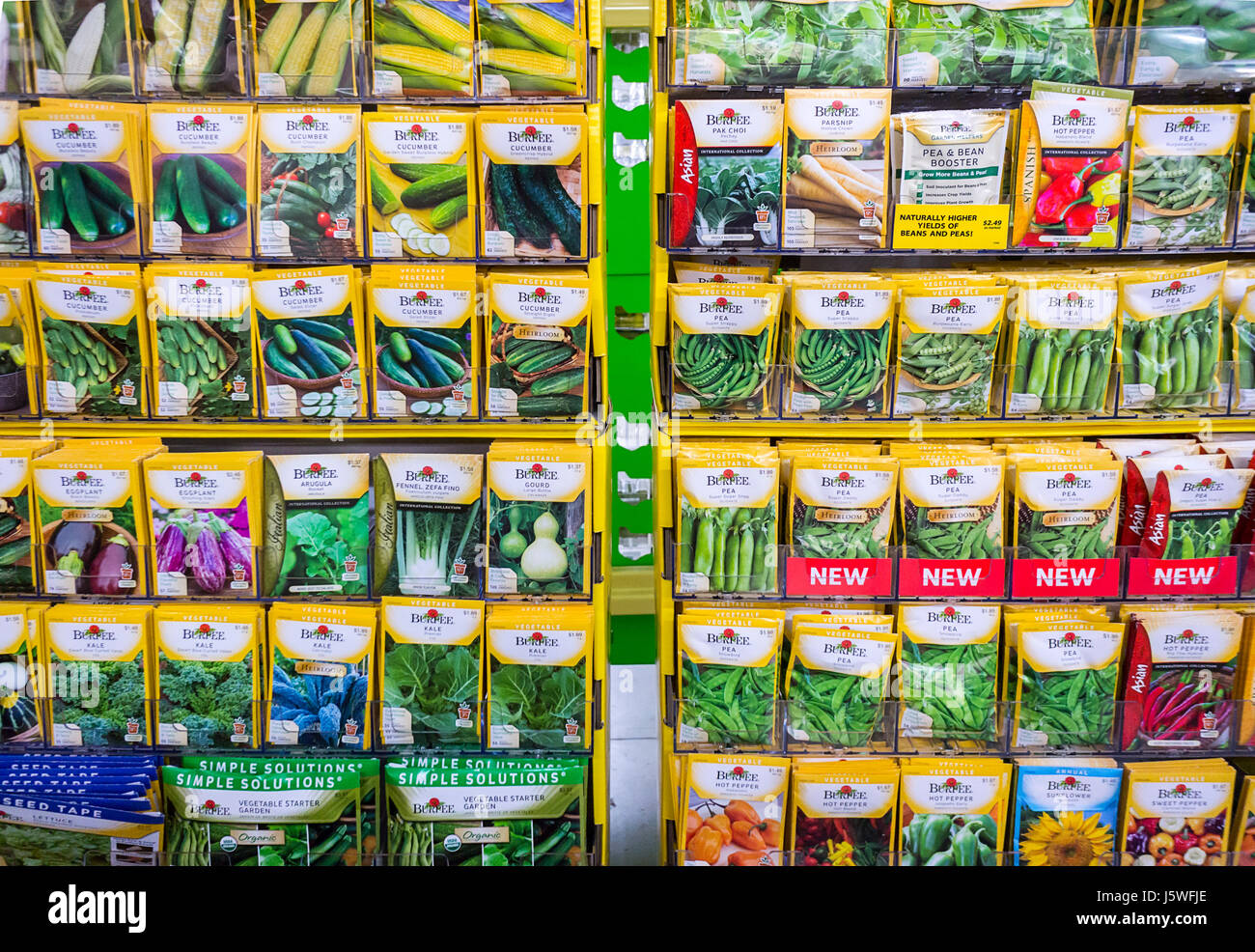 Burpee brand vegetable seed packets on sale in a home goods store in New York on Thursday, May 11, 2017. (© Richard B. Levine) Stock Photo